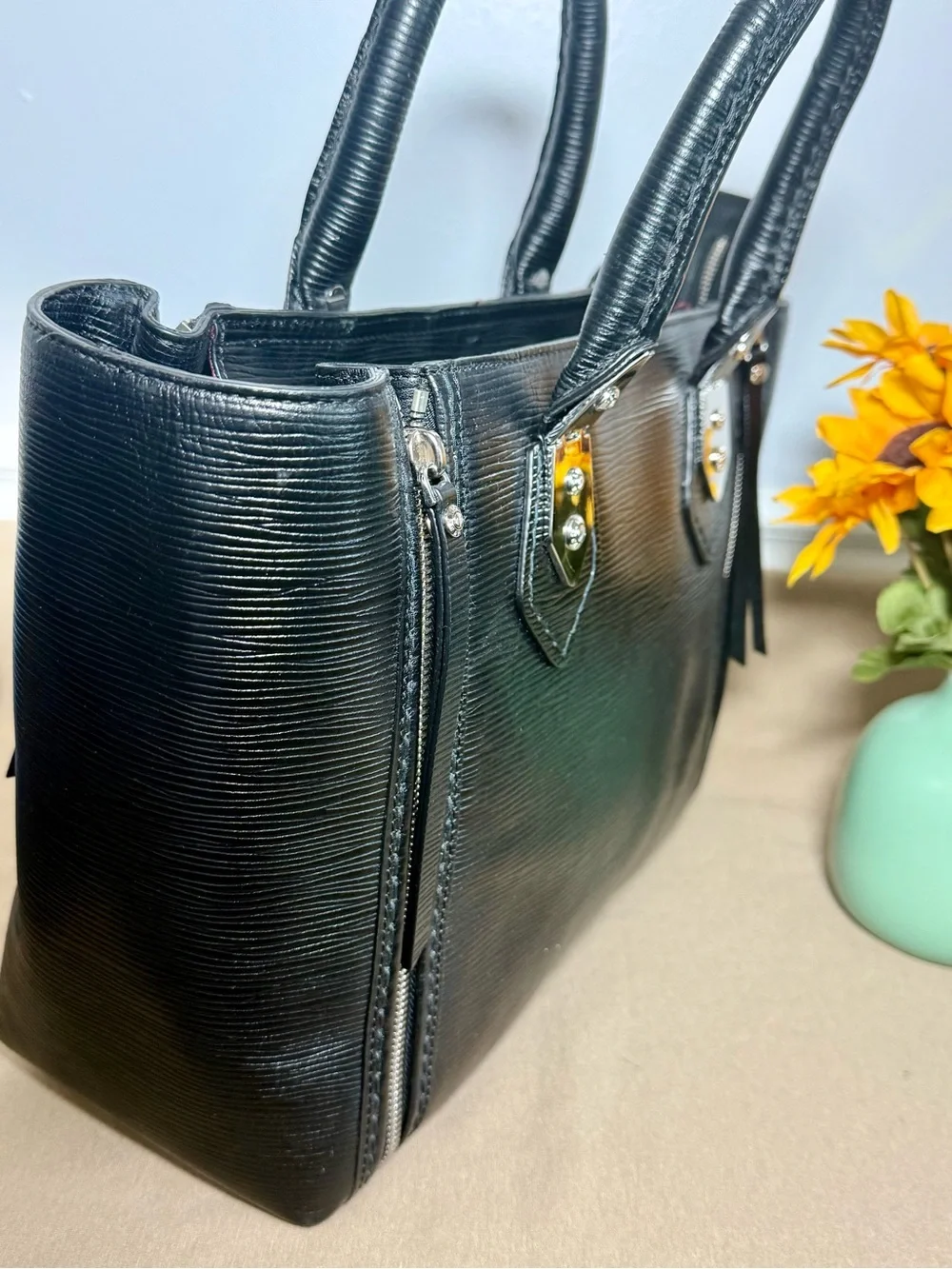 Rare Henri Bendel A-List Satchel – Black Embossed Leather | Zipper Expansion - Picture 2 of 10